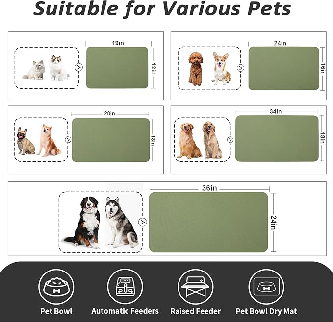 HotLive Dog Food Mat - Absorbent Cat Mat for Food and Water, No Stains Pet Feeding Bowl Mat, Easy to Clean Pet Placemats, Quick Dry Dog Water Dispenser Mat for Messy Drinkers | Green 24"x36"
