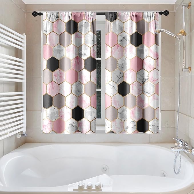 Culudea Geometric Gold Pink Shower Curtain Set, Gray Marble Vintage Bathroom Window Waterproof Shower Curtain Set for Bathroom Decor