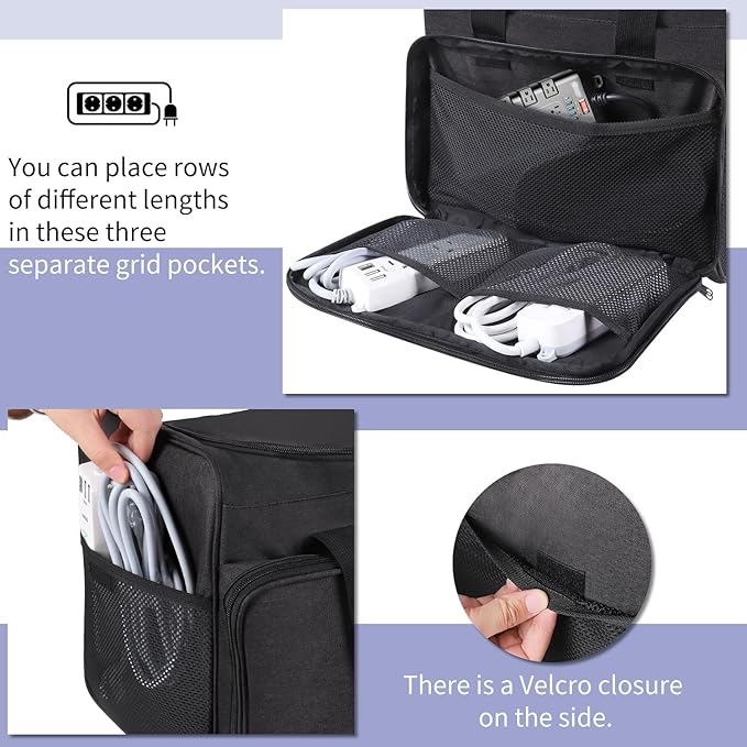 LOTCAIN Cable Organizer Bag,Cable Management Box Cord Organizer Case,Electronics Cord Storage Bag with Adjustable Divider Large Cable Storage Bag Carrying Case for Cable, Cord,Power Strip