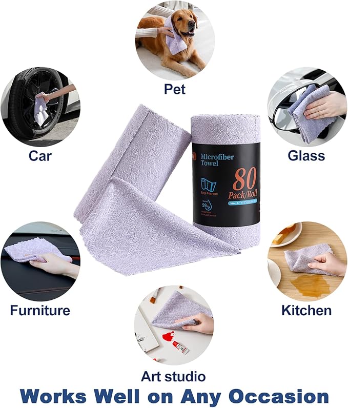 Tigona 80 Pack Microfiber Cleaning Cloth Roll Reusable Paper Towels 12"x12" Tear Away Cloth,Absorbent Dish Rags for House Kitchen,Wash Cloths,Lint Free Rags for Window Cars Cleaning Supplies