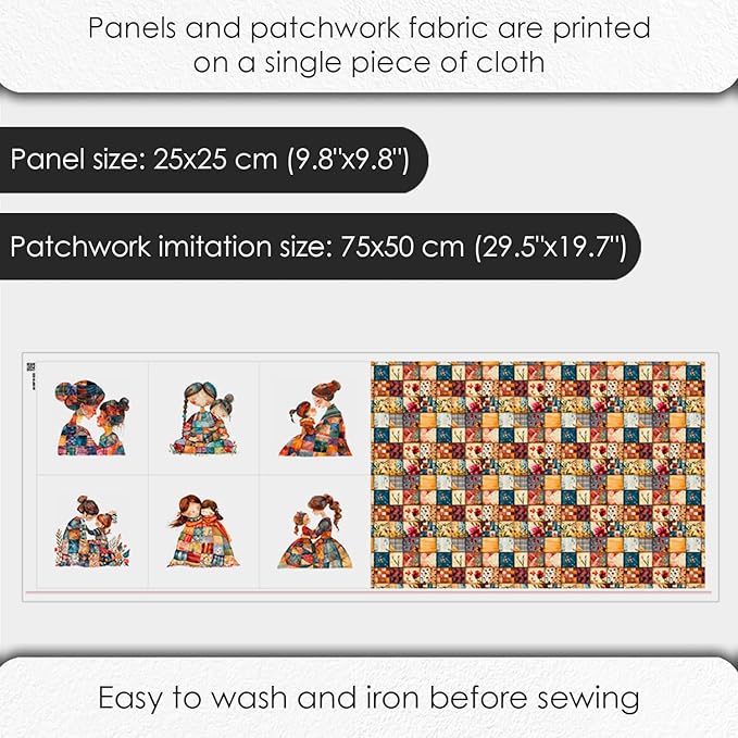 Patchwork Mother & Daughter Cotton Fabric Panel – 6 Designs (10×10 inch Each) + Bonus Sheet 29.5×19.6 inch, 100% Cotton 140 GSM, Made in Türkiye
