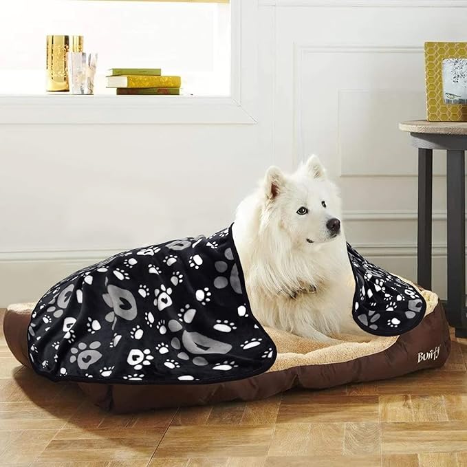 AHOOCUSTOM Dog Blanket, Soft Fleece Dog Blankets for Large Dogs, Fluffy Flannel Pet Cat Puppy Blanket Mat Cover for Bed Couch, Cute Paw Print Throw Blanket for Dogs, Black 60"X50"