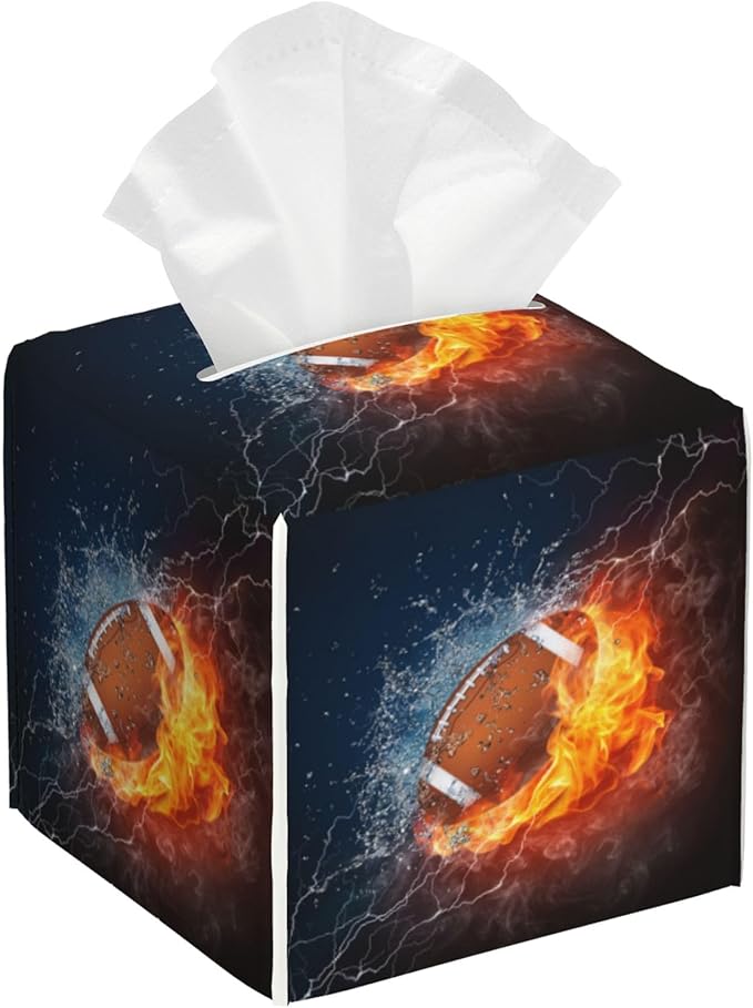 POIUBLE American Football in Fire and Water Tissue Box Cover Leather Tissue Box Holder Square Facial Paper Organizer Dispenser for Bathroom Kitchen Bedroom Vanity Countertop Night Stands