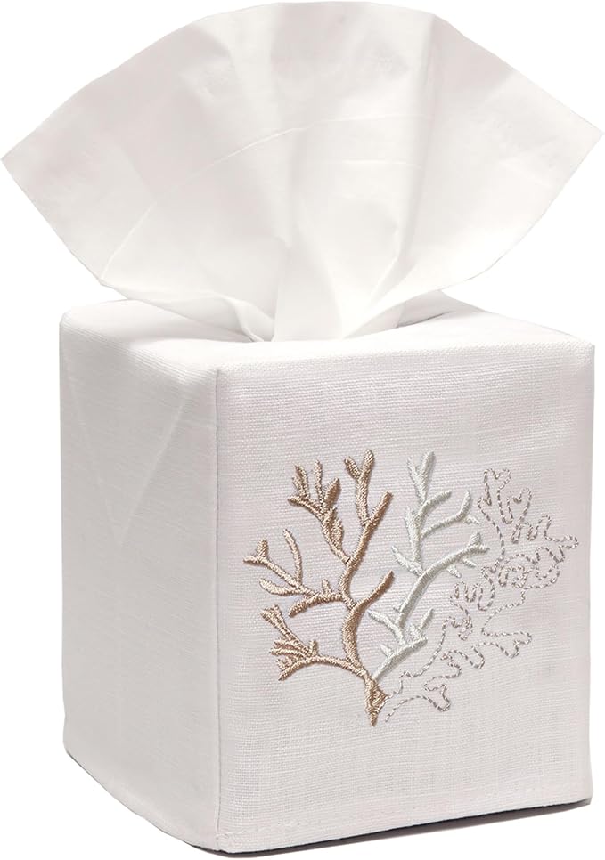Jacaranda Living Square Tissue Box Cover, Linen/Cotton Fabric Tissue Holder, Decorative Cloth Tissue Cube Cover, Coastal Designs Coral (Beige)