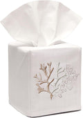 Jacaranda Living Square Tissue Box Cover, Linen/Cotton Fabric Tissue Holder, Decorative Cloth Tissue Cube Cover, Coastal Designs Coral (Beige)