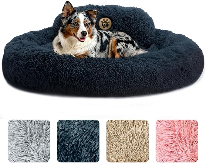 PetJett Calming Dog Beds Large Sized Dog - 36'' Round Bed, Anti-Slip & Washable Super Soft Donut Bed, Fluffy Faux Fur Anti-Anxiety Premium Comfort Pet Bed, Fits Dogs up to 80 lbs - Dark Grey