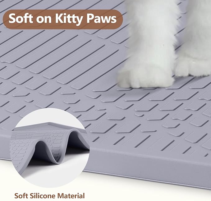Bartuke Large Cat Litter Mat with Toy Ball, 34'' x 22'' Silicone Cat Litter Trapping Mat for Scatter Control, Soft on Kitty Paws, Easy to Clean (Light Grey)