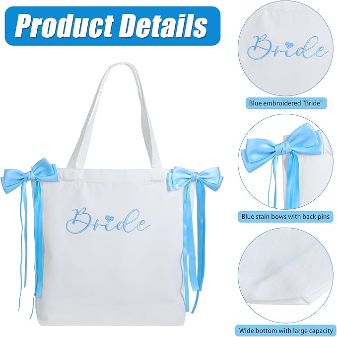 WUBOECE Bride Canvas Tote Bag White Blue Satin Bows Bachelorette Party Decorations Bride to Be Purse Accessory Bridesmaid Gift Bridal Shower Gifts Engagement Party Accessories