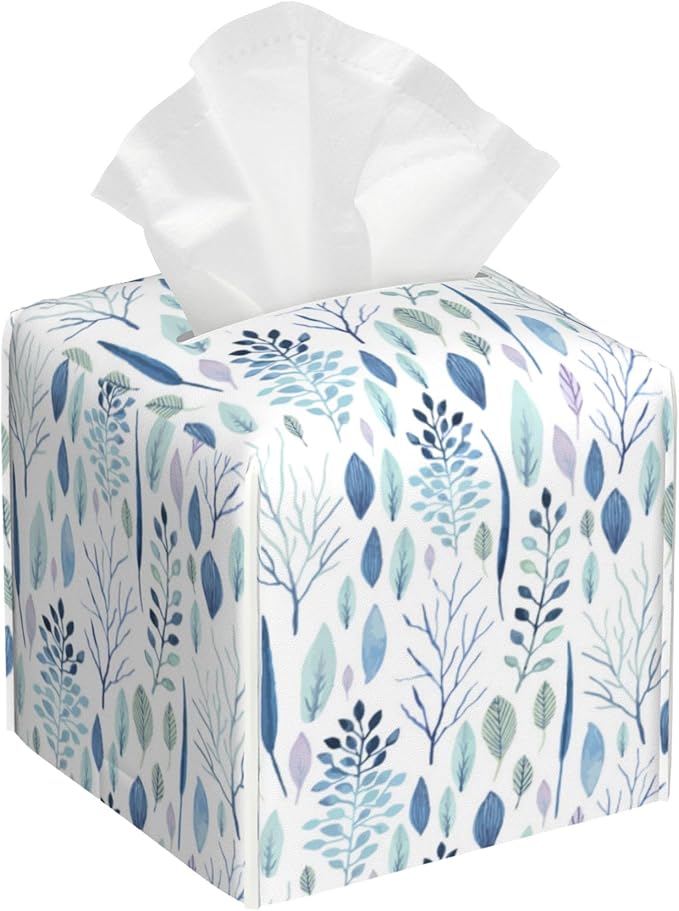 POIUBLE Tissue Box Holder Watercolor Blue Leaves Tissue Box Cover Square Leather Tissue Holder Organizer Portable Decorative Facial Paper Case for Home Office Bathroom Vanity Countertop