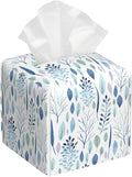 POIUBLE Tissue Box Holder Watercolor Blue Leaves Tissue Box Cover Square Leather Tissue Holder Organizer Portable Decorative Facial Paper Case for Home Office Bathroom Vanity Countertop