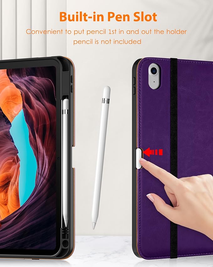 DTTO for iPad (A16) 11th Generation Case 11 Inch 2025, iPad 10th Generation Case 10.9 Inch 2022, Premium Leather Business Folio Stand Cover with Pencil Holder - Auto Wake/Sleep, Dark Purple