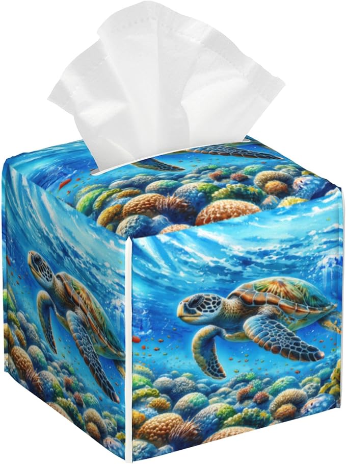 Tissue Box Cover Leather Tissue Box Holder Cube Tissue Case Cover Facial Paper Organizer Dispenser for Bathroom, Vanity Countertop, Office Desk (Watercolor Sea Turtle)