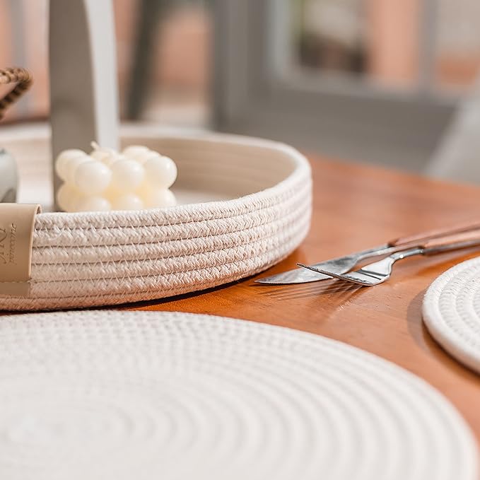 Art PineCone's Woven Cotton Rope Round Placemats Set of 4 with Holder Included, Non-Slip, and Heat Resistant Shabby Chic Placemats (Off White, 13 inch)