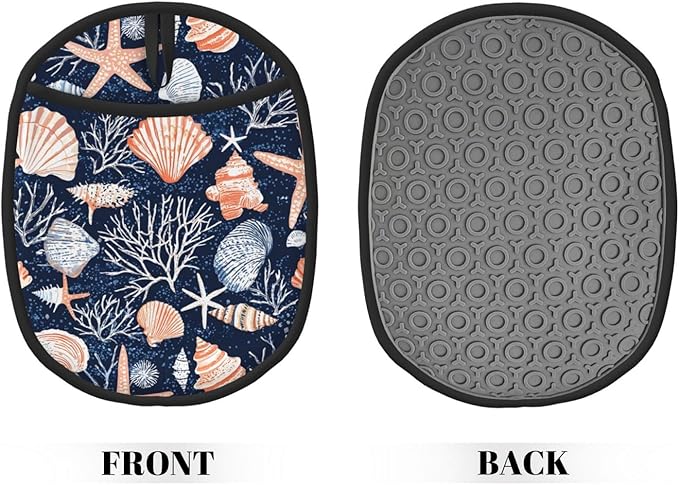 Pot Holders 2 Pack Silicone, Cotton Lining, Heat Resistant to 500°F (260°C), Non-Slip Grip, 7.5"x9.4" Oval Kitchen Hot Pads for Oven, Cooking (Seashells, Potholders)