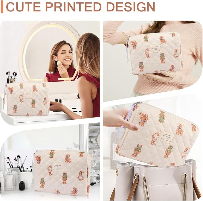Gosect Floral Makeup Bag, Small Cosmetic Bag for Women Girls, Cute Cotton Makeup Bag, Quilted Makeup Bags, Flower Travel Toiletry Organizer Bag (White Bear)