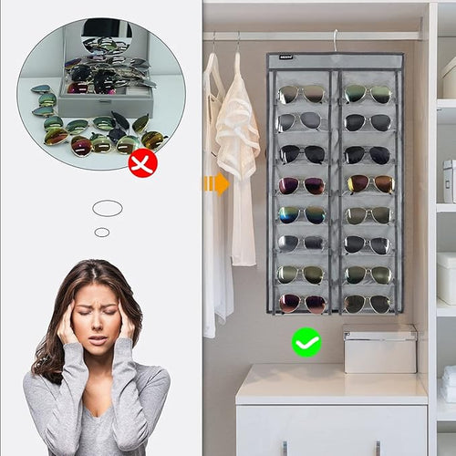 ANZORG Dual Sided Hanging Sunglasses Organizer Wall Eyeglass Holder Sunglass Rack for Home with 32 Dust Proof Pockets (32 Pockets-Grey)