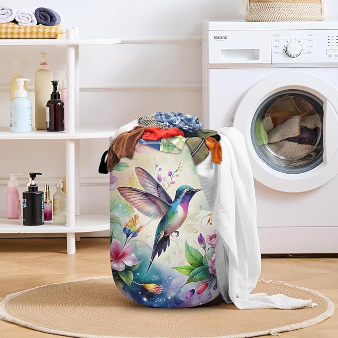 Flower Bird Laundry Basket with Sturdy Handles, Colorful Floral Collapsible Oxford Cloth Laundry Hamper Organizer Basket for Bathroom Bedroom 15.7x20 Inch