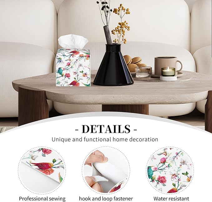 Flowers and Butterflies Tissue Box Holder Birds on Branch Tissue Box Cover Square Leather Tissue Holder Organizer Portable Decorative Facial Paper Case for Home Office Bathroom Vanity Countertop