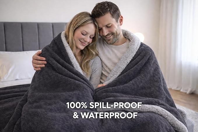 Bedding Aid Waterproof Throw Blanket - Sherpa Fleece Reversible Cover, Soft Warm Leak-Proof Bed & Couch Protector for Kids, Pets & Everyday Spills (Charcoal Grey/Silver Grey, Throw 50x60