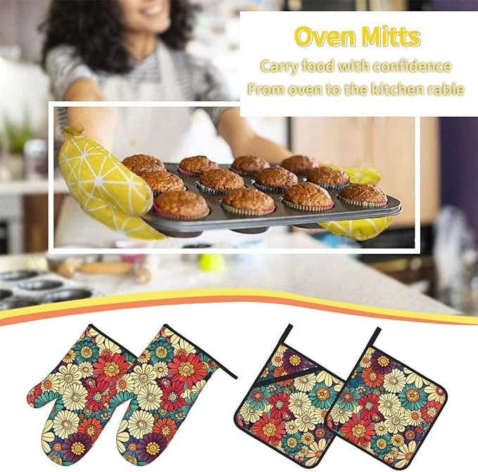 4 Pieces Flowers Oven Mitts and Pot Holder Set Floral Oven Gloves and Hot Pads Pot Holders for Farmhouse Kitchen Accessories and Decoration (Flowers)