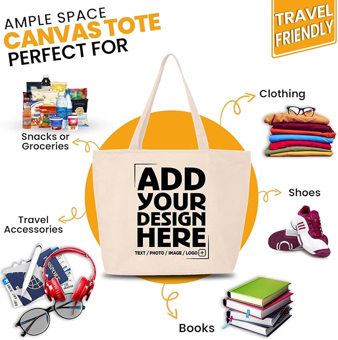 shop4ever Personalized Custom Design Your Own Heavy Canvas Tote with Zipper Reusable Shopping Bag Customizable Gift