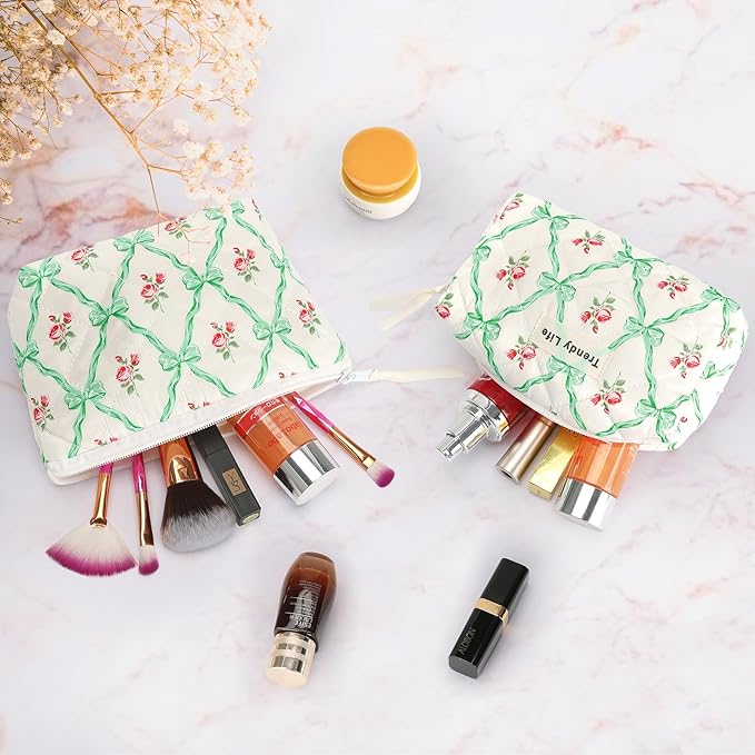 HAOGUAGUA 2 Pieces Makeup Bag, Small Large Quilted Cosmetic Bag, Travel Floral Make Up Toiletry Organizer Bag for Women Girls (2PCS STYLE A-2)