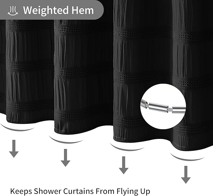 Lameirose Extra Long Black Shower Curtain Farmhouse,72 x 84 Cotton Blend Waffle Tufted Striped Chic Textured Fabric Shower Curtain for Bathroom, Hotel, Washable