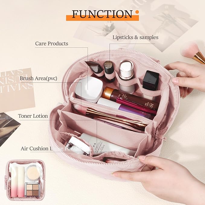 Makeup Bag for Women, Wide Open Lay-Flat Water-Resistant Cosmetic Case, Festivalment Makeup Bag, Spacious 180° Open Cosmetic Organizer for Toiletries & Brushes Large Capacity with Compartments (Pink)