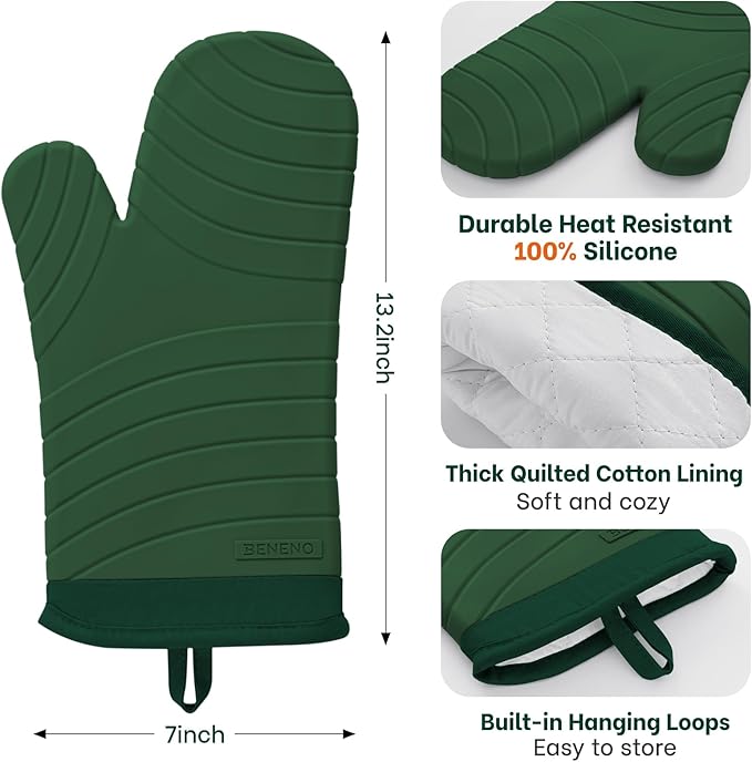 Beneno Heat Resistant Silicone Oven Mitts BPA-Free, Non-Slip Textured Grip & Quilted Cotton Lining, Waterproof Kitchen Mitt 2-Pack Set, 7"x13", Green