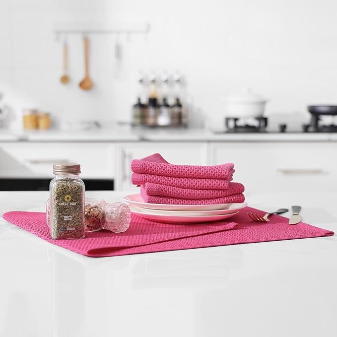 Kitinjoy 100% Cotton Waffle Weave Kitchen Towels, 12-Pack Super Soft and Absorbent Dish Towels for Drying Dishes, Kitchen Hand Towels, 13 in x 28 in, Hot Pink