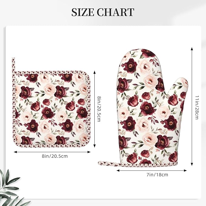 Oven Mitts Pot Holders Set Rose Flower Watercolor Floral Silicone Kitchen Gloves Potholders Heat Resistant for Chef Baking Cooking Grilling BBQ 4 Pack Mitt