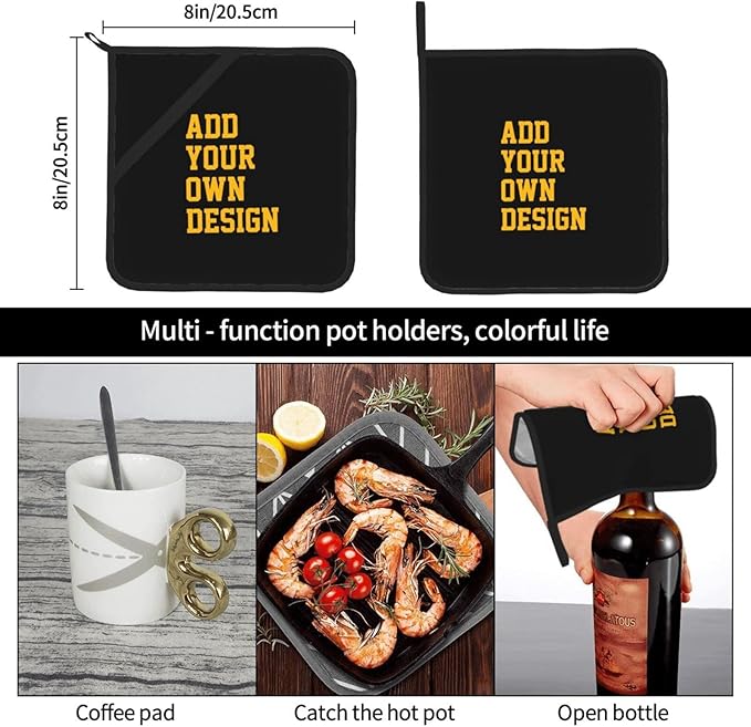Custom Pot Holders with Your Picture/Name/Text, 2pcs Personalized Hot Pads Set with Loops, Customized 8x8 Oven Mitts for Kitchen Cooking Baking Grilling