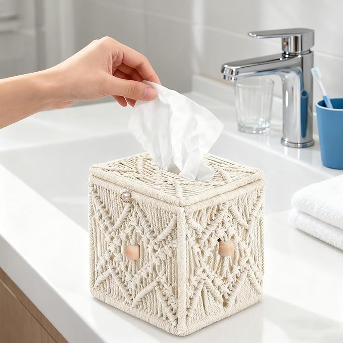 KaloKalo Handmade Tissue Box Cover Decorative Macrame Boho Square Tissue Holder Cotton Rope Woven Napkin Facial Paper Organizer Bohemian Desk Storage Container with Buckle Wood Beads (Ivory)