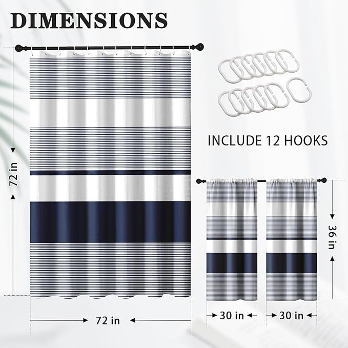 Culudea Modern Striped Boho Waffle Textured Cloth Shower Curtain Set, Navy Blue White Horizontal Stripe Bathroom Window Waterproof Shower Curtains for Bathroom Decor
