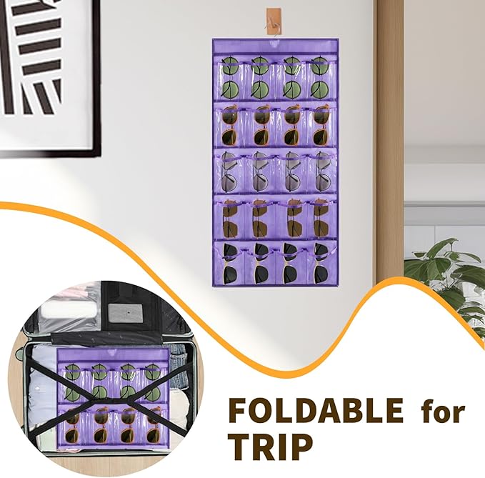 TEMUORG 2 Pcs Sunglasses Organizer Storage Sunglass Holder for Wall Hanging Eyeglass Organizer for Multiple Glasses with 40 Clear Slots (PURPLE)