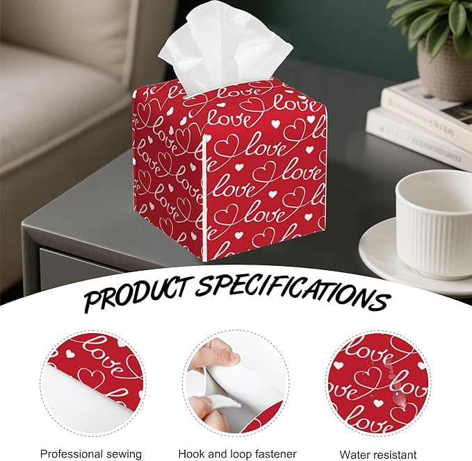 Romantic Hearts Tissue Box Cover Square,White and Letters Tissue Box Holder with Belt Bottom,Stylish Leather Napkin Holder for Vanity Countertop,Nightstands,Office Desk,5.2"×5.2"×5.2"