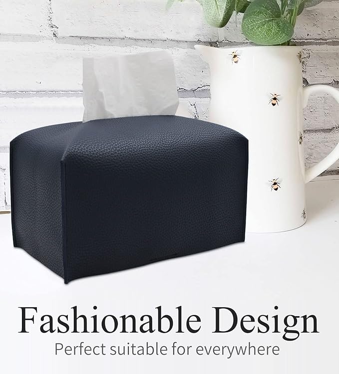 Livelab Tissue Box Cover, Rectangular Modern Decorative PU Leather Tissue Box Case Organizer Holder for Vanity Countertop, Night Stands, Livingroom, Office Desk & Car 9.5X5X5'' | Navy Blue