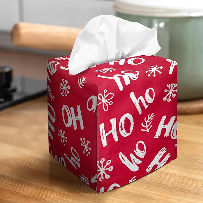 IRADA Tissue Box Cover Square Decorative Tissue Box Holder Cute Funny Cube Tissue Case Cover-Xmas Decor Red HO Tissue Box Cover