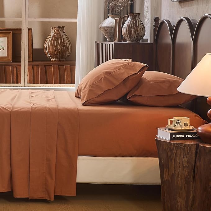 100% Linen Sheet Set Queen Size Extra Deep Pocket Fits 18-24 Inch Mattress, Breathable & Soft, Smooth 4-Piece Set for Thick Mattresses Hotel Luxury Bedding（Queen, Brown）