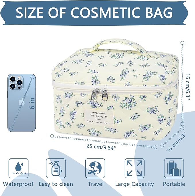 Large Travel Quilted Makeup Bag for Women,Big Floral Cotton Cosmetic Bag, Cute Coquette Aesthetic Floral Toiletry Organizer Bag (Blue Flower)