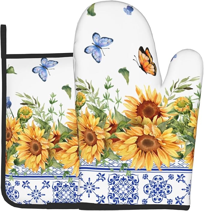 Sunflower Oven Mitts and Pot Holders Sets Yellow Floral Butterfly Oven Mitts Heat Resistant Blue Boho Farmhouse Spring Summer Decorative Oven Gloves Hot Pad for Kitchen Cooking Baking Grilling Dining