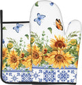 Sunflower Oven Mitts and Pot Holders Sets Yellow Floral Butterfly Oven Mitts Heat Resistant Blue Boho Farmhouse Spring Summer Decorative Oven Gloves Hot Pad for Kitchen Cooking Baking Grilling Dining
