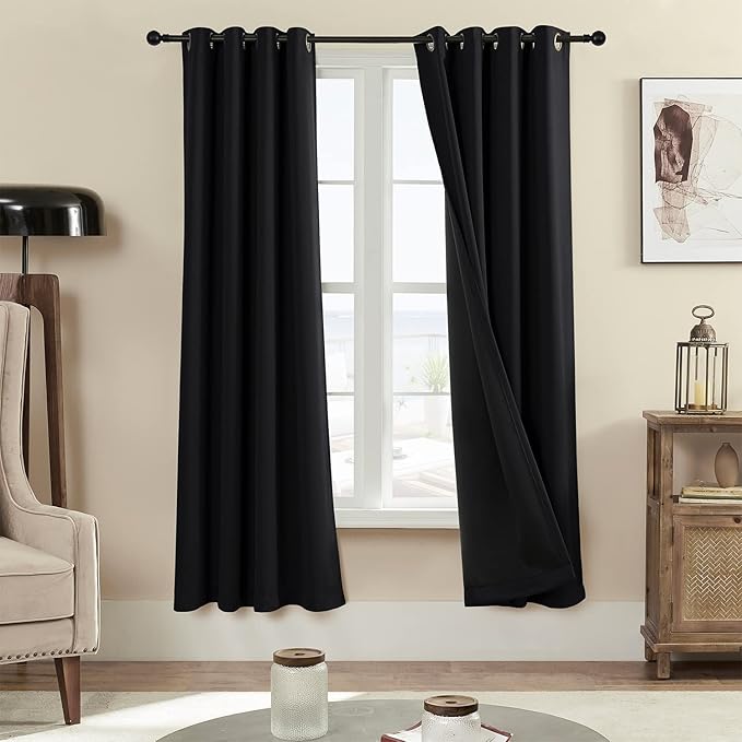 Rutterllow 100% Blackout Curtains 2 Panels, Full Shade 72 Inches Long Complete Drapes for Living Room, Thermal Insulated Bedroom Window Treatment Drapes (Black, 52x72 inch)