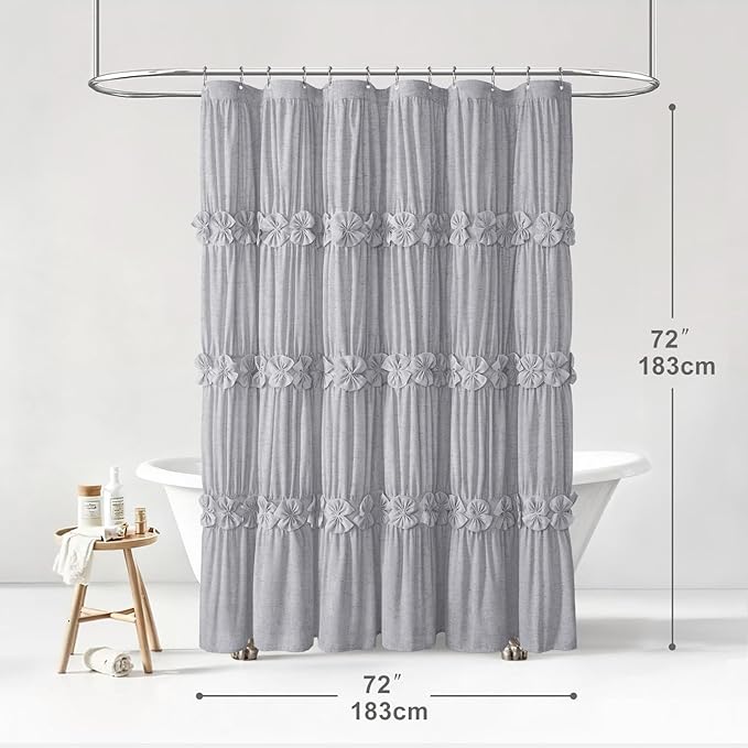 XOGUIBO Ruffle Shower Curtain with Handmade Bow Tie, Grey Linen Vintage Farmhouse Shower Curtain for Bathroom, 72" W x 72" H