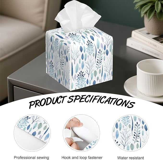 Watercolor Floral Flower Tissue Box Cover Square,Tissue Box Holder with Belt Bottom,Stylish Leather Napkin Holder for Vanity Countertop,Nightstands,Office Desk,5.2"×5.2"×5.2"
