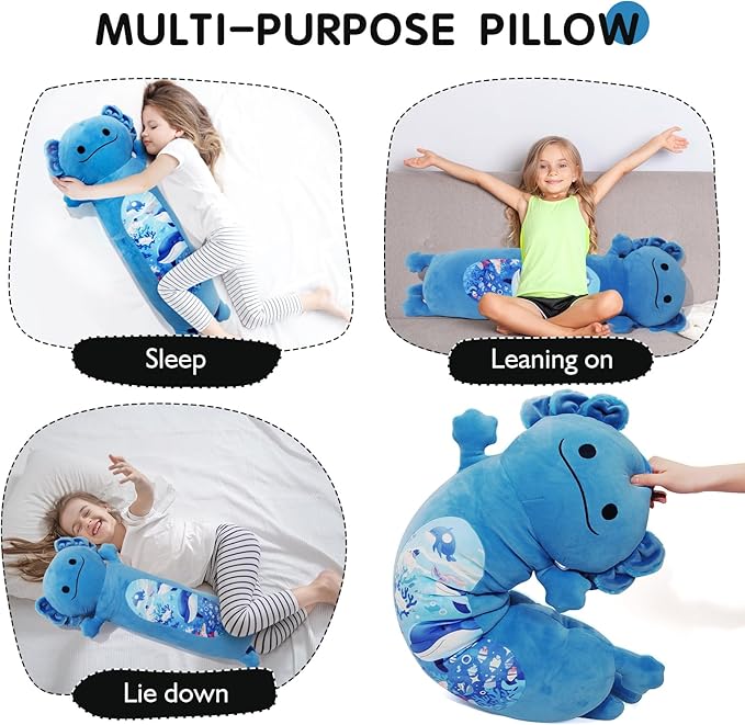 36 inch Long Axolotl Plush Body Pillow, Giant Cute Blue Ocean Axolotl Stuffed Animals, Big Salamander Squishy Soft Plushies Toy, Gifts for Kids Girls and Boys, Birthdays, Halloween, Christmas