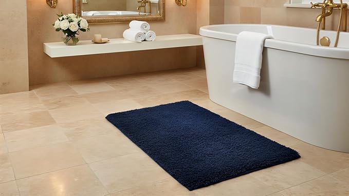 C23 Luxury Shag Bath Rug | 2200 GSM Ultra-Soft Plush Thick Bathroom Mat | 20"x32" Navy Blue High-Density Shaggy Rug | Non-Slip Natural Latex Back, Absorbent, Machine Washable, 1 Piece