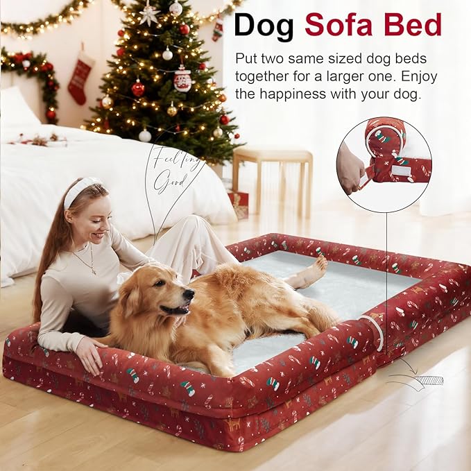 Large Dog Bed Orthopedic Washable: Christmas Pattern Big Dogs Beds with Bolster Puppy Sofa Couch Waterproof Removable Cover - Red