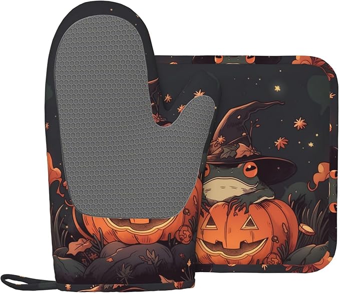 Frog Pumpkin Fairy Tale Oven Mitts and Pot Holders Sets, Home Silicone Heat Resistant BBQ Gloves for Kitchen Baking Cooking Grilling Microwave
