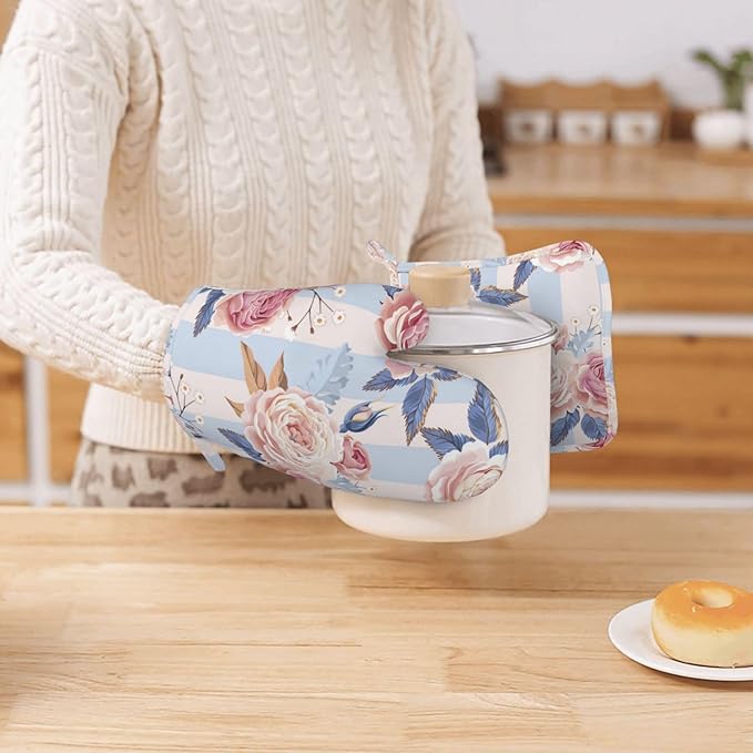 Blue Striped Flowers Oven Mitts and Pot Holders Sets, Home Silicone Heat Resistant BBQ Gloves for Kitchen Baking Cooking Grilling Microwave